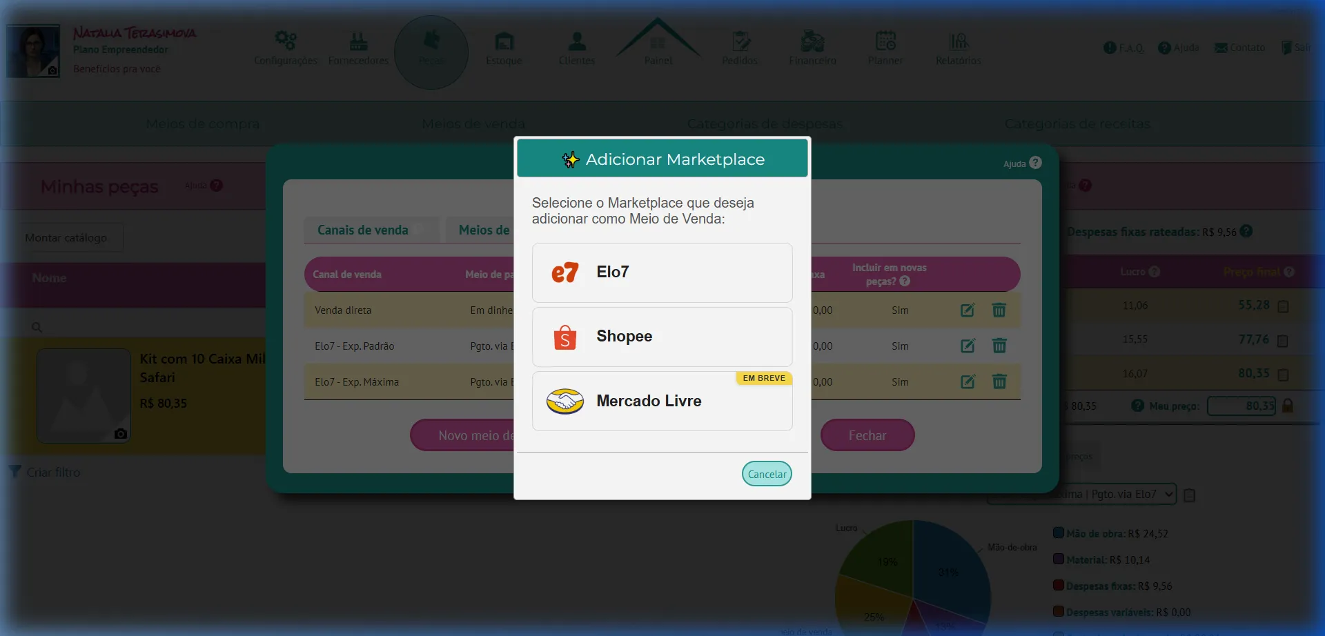 Popup de seleção de marketplace mostrando Elo7, Shopee e Mercado Livre