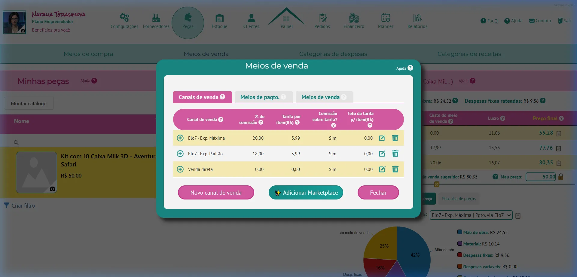 Aba Canais de venda com os dois canais do Elo7 e seus respectivos valores de comissão e tarifa