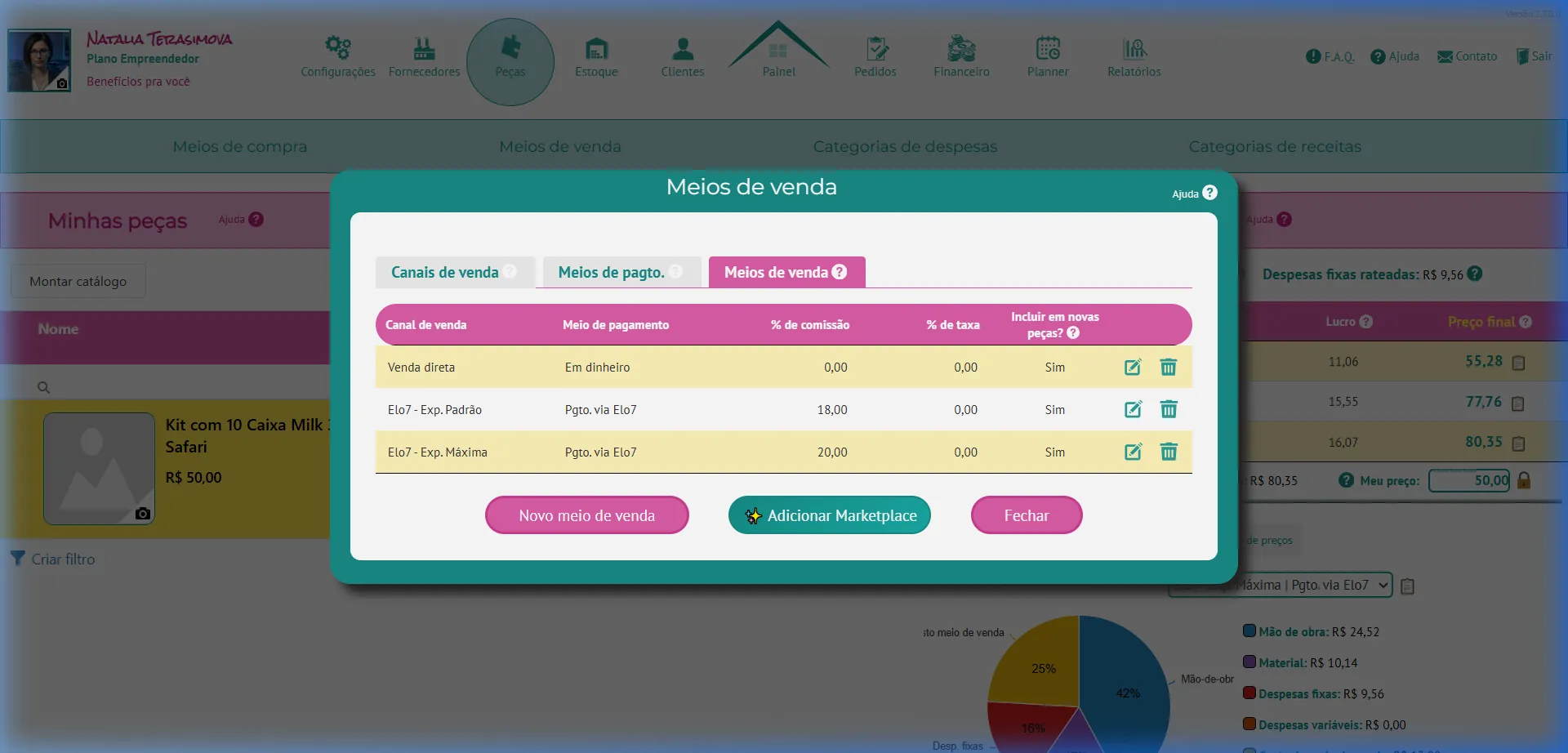 Aba Meios de venda mostrando a associação entre canais do Elo7 e a forma de pagamento