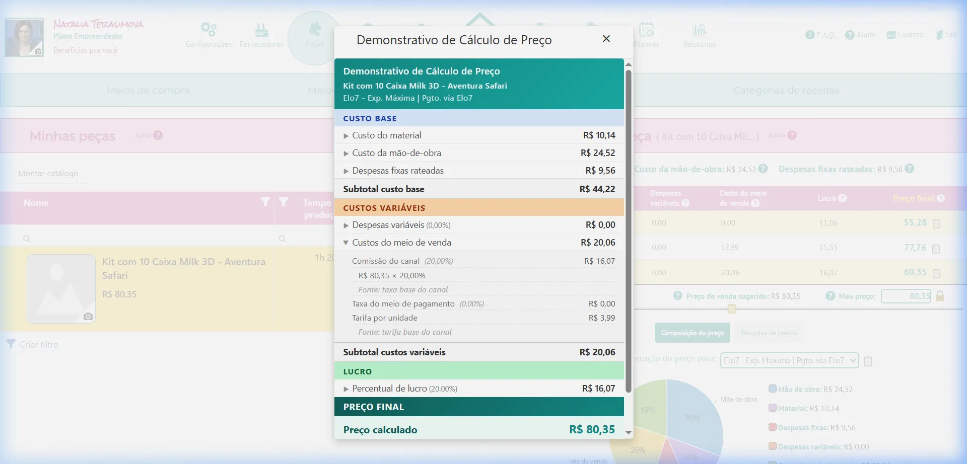 Demonstrativo de Cálculo de Preço mostrando a estrutura completa do cálculo