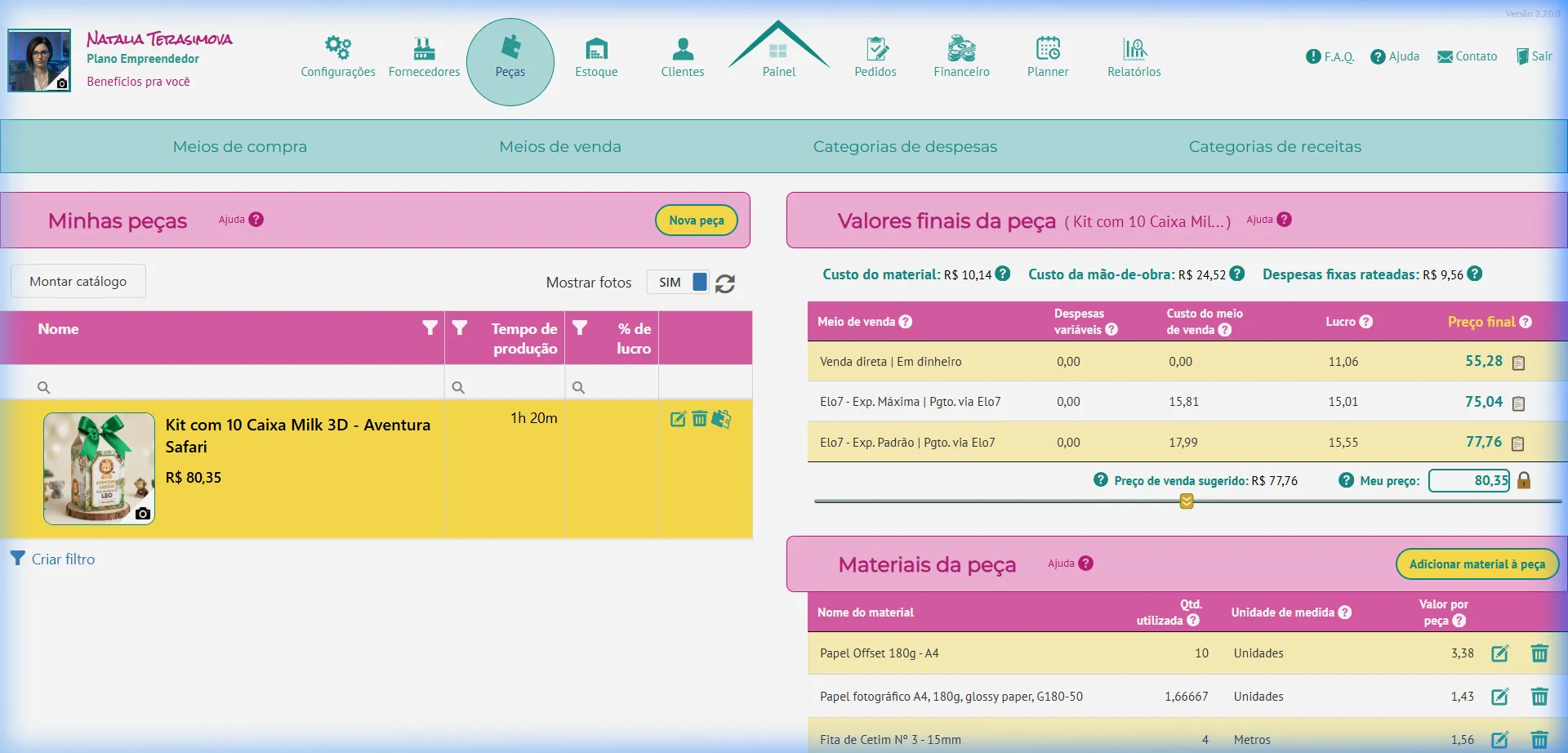 Seção Peças do Calcularte mostrando a lista de produtos e os valores finais