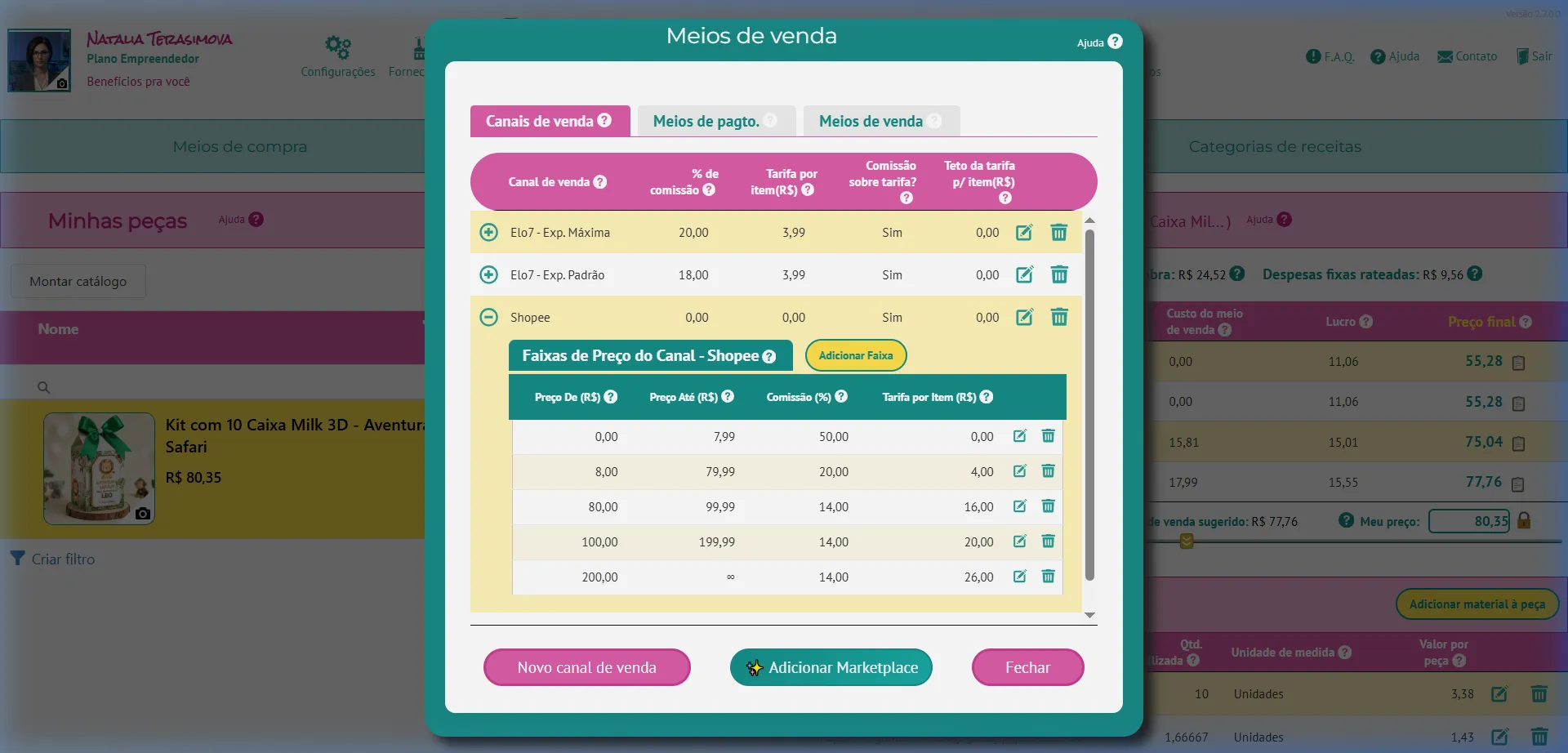 Faixas de preço da Shopee expandidas mostrando as 5 faixas com comissões e tarifas