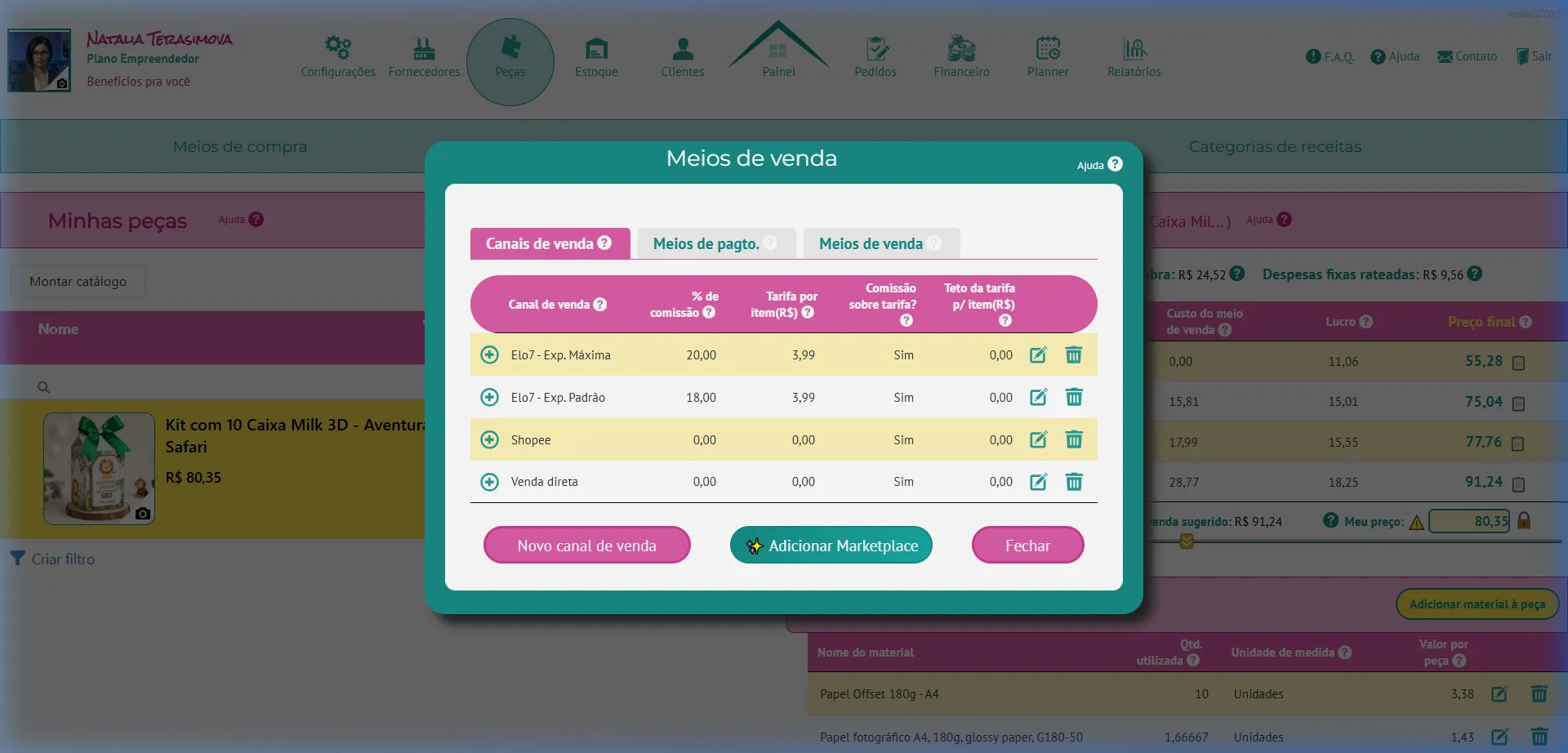 Aba Canais de venda mostrando o canal Shopee com comissão e tarifa zeradas