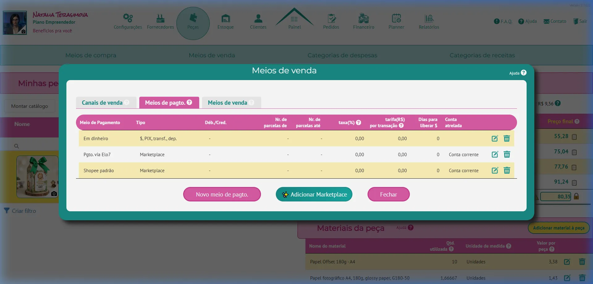 Aba Meios de pagamento com Shopee padrão vinculado à conta selecionada