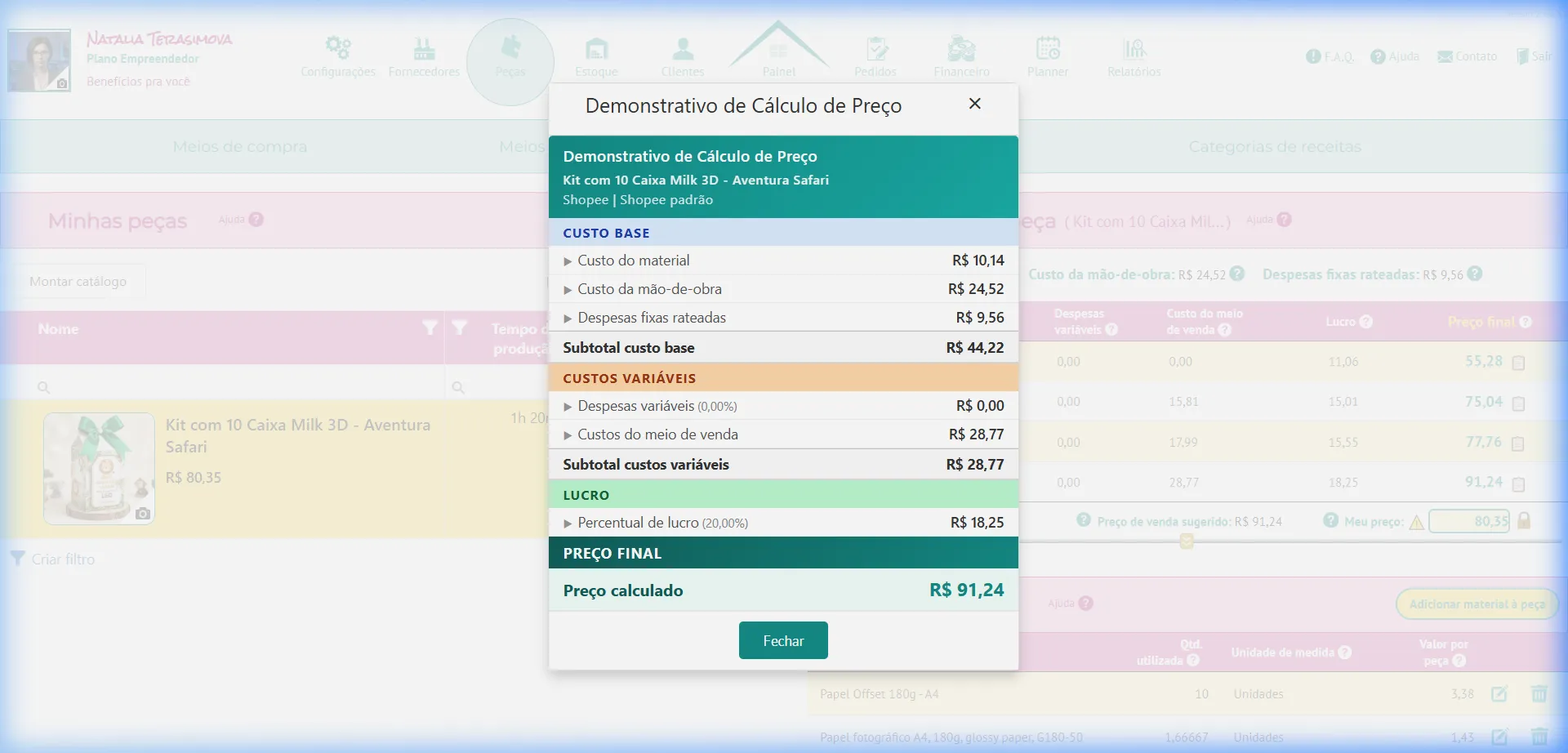 Demonstrativo de Cálculo de Preço mostrando o cálculo completo para Shopee